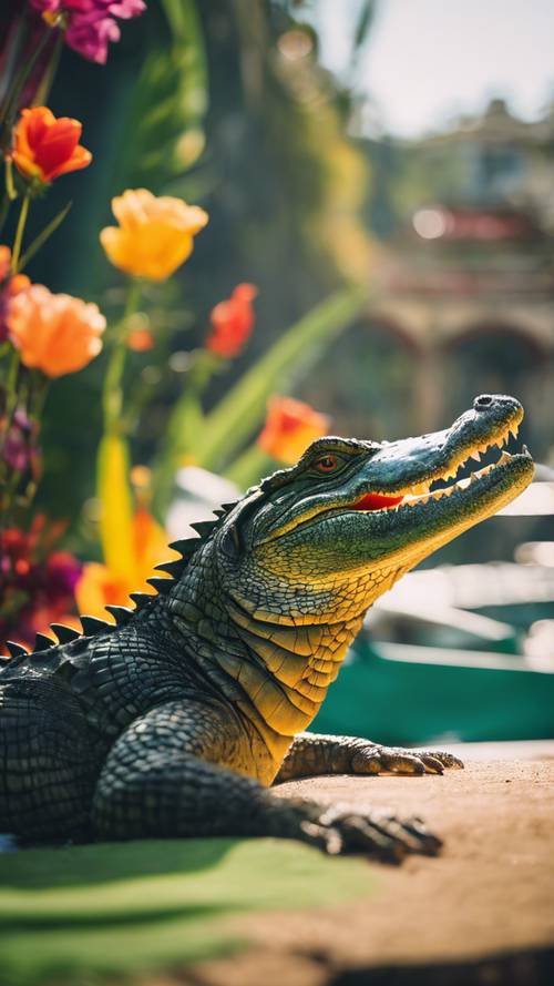 A crocodile basking in the sun, with colourful parrots perched on it.