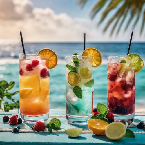 Eine erfrischende Auswahl kalter, fruchtiger Cocktails, umgeben von Zitrusscheiben, Eis, Minzblättern und Beeren am Strand.