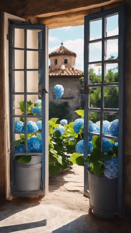 An open-window view overlooking a Spanish courtyard dotted with blue hydrangea shrubs.