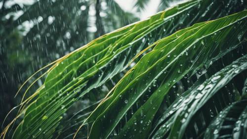 A tropical rain shower falling on a cluster of giant palm leaves.