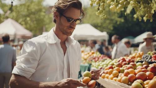 Ein adretter Mann in einem frischen weißen Hemd wählt auf einem Bauernmarkt sorgfältig Obst aus. Hintergrund [3491465a7761432db35e]