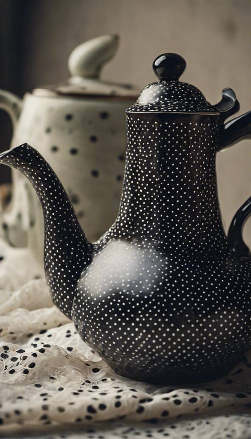 An antique black polka dot teapot on a lace tablecloth