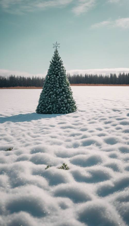 Um campo aberto coberto de neve com uma única árvore de Natal verde no centro.