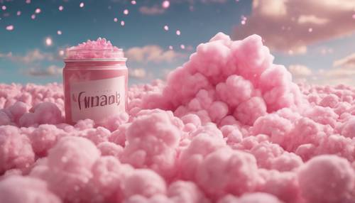 A surreal scene of an entire ocean made up of pink boba under a sky filled with cotton candy clouds. Behang [fe613e4b91244e548f6e]