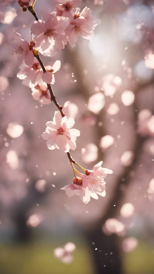 Kelopak bunga sakura kecil berwarna merah muda berjatuhan lembut dari pohon di bawah cahaya pagi.