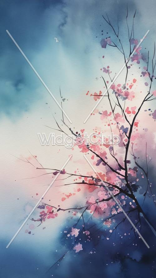 Pink Cherry Blossoms in Watercolor Style