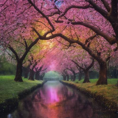 Um arco-íris vívido arqueando-se sobre um bosque de flores de cerejeira escuras depois da chuva.