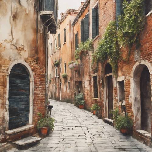 An atmospheric watercolor painting of a quiet alleyway in Venice.