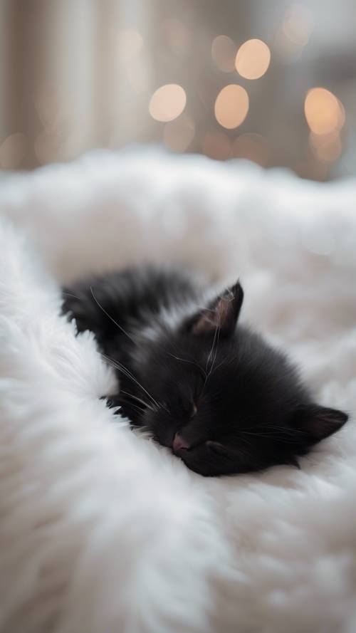 A sleeping black kitten curled up in a white fluffy bed. Tapeta [70deb364c5e94726b3ed]