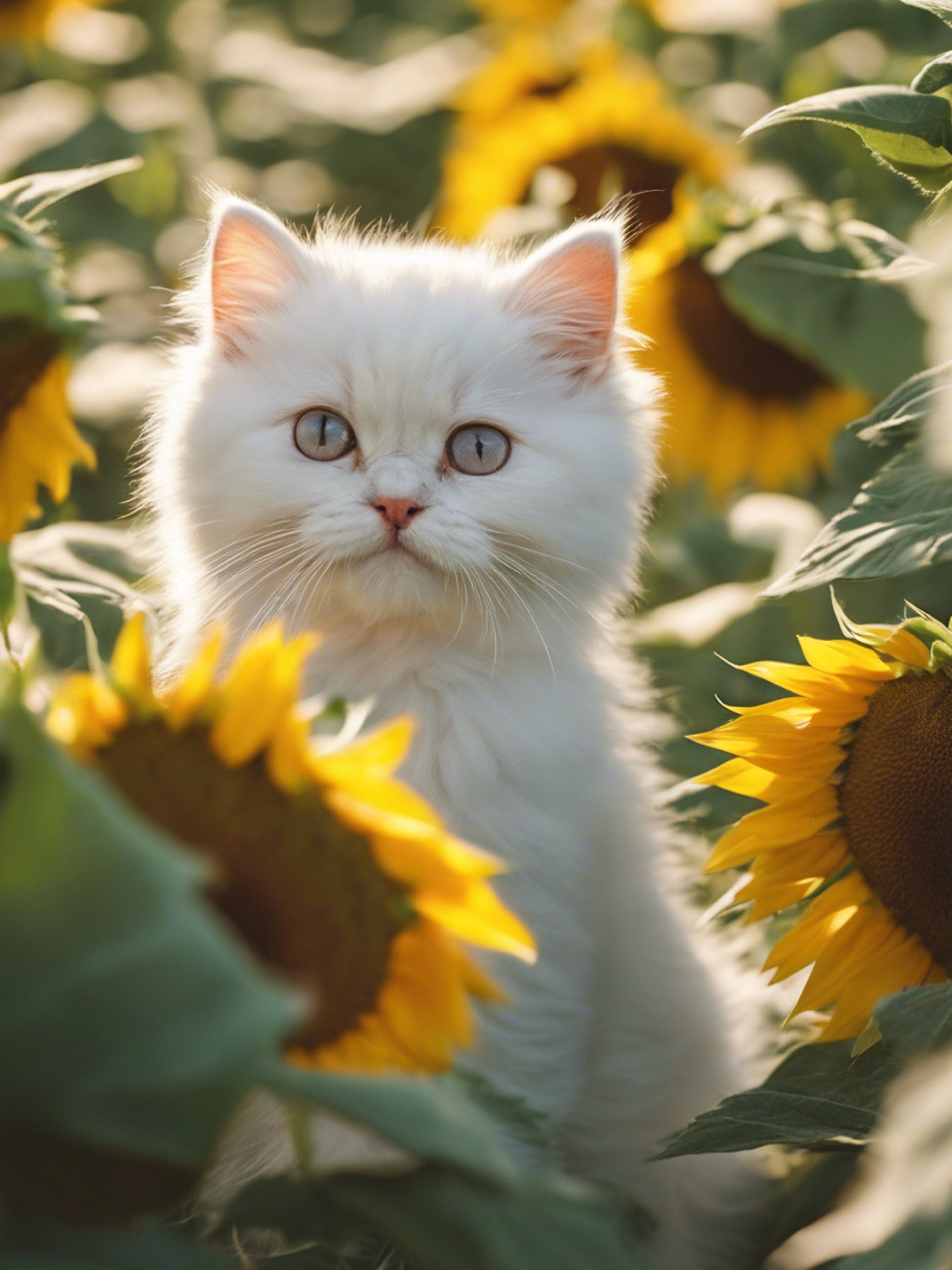 A snow-white Persian kitten playing peek-a-boo among a field of sunflowers on a bright, sunny day.壁紙[783f0584fefb42ff9955]