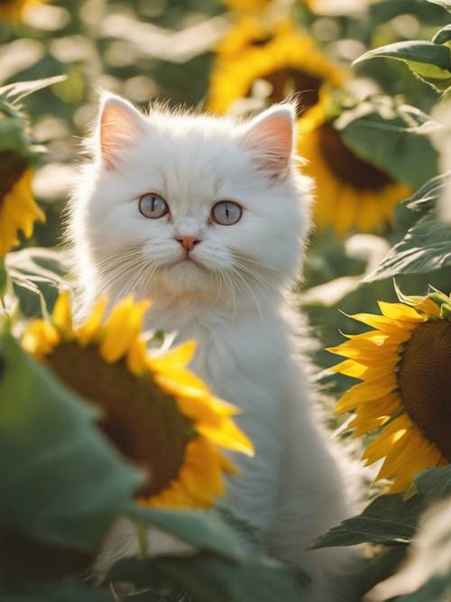 Một chú mèo con Ba Tư trắng như tuyết đang chơi đùa giữa cánh đồng hoa hướng dương vào một ngày nắng đẹp.