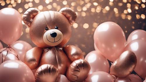 Un palloncino color oro rosa a forma di orsetto di peluche con la scritta &quot;Smile Everyday&quot; su uno sfondo di festa di compleanno.