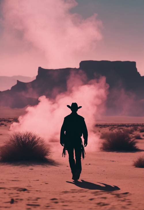 The silhouette of a lone cowboy walking through a dessert filled with neon smoke.