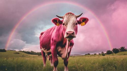 A pink cow grazing by a pastel rainbow after the rain.