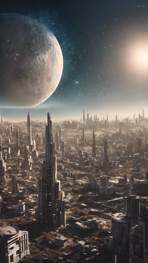 Ein himmlischer Blick auf die Skyline einer imaginären Metropole auf dem Mond.