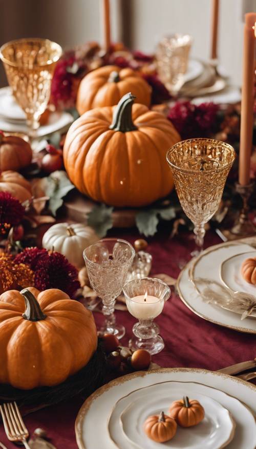 A pumpkin-themed Thanksgiving tablescape with elegant cream and gold decorations, and a cranberry and orange color palette.