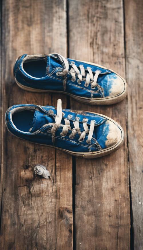 A pair of worn-out blue grunge sneakers on a wooden floor. Wallpaper [a1c0ec4ddd1e4787a533]