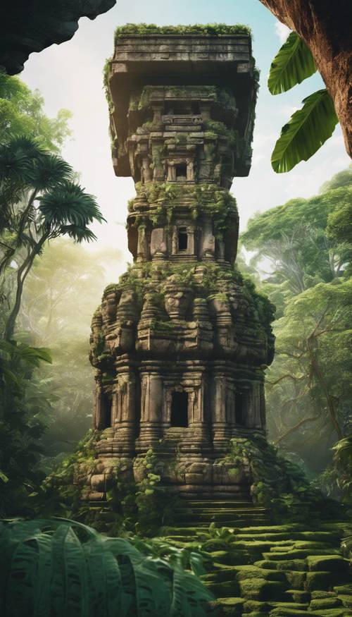 מקדש אבן חול עתיק בג&#39;ונגל, עם גפנים זוחלות ועלווה ירוקה צפופה המקיפה אותו.