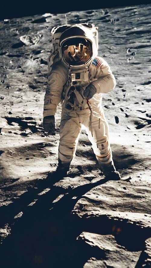 رائد فضاء على سطح القمر أثناء مهمة أبولو، وتظهر الأرض من مسافة بعيدة.