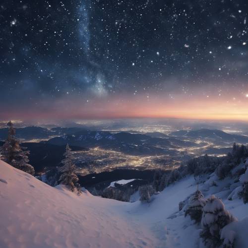 A glimmering night sky with a smattering of stars, an atmosphere observed from the peak of a snowy mountain.