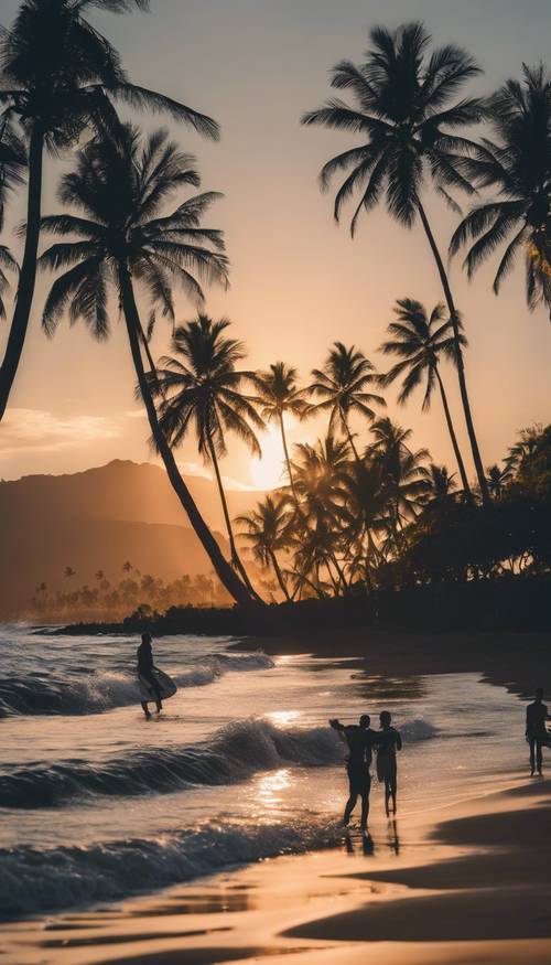 A pristine Hawaii beach during sunset with silhouettes of palm trees and people engaged in surfing.