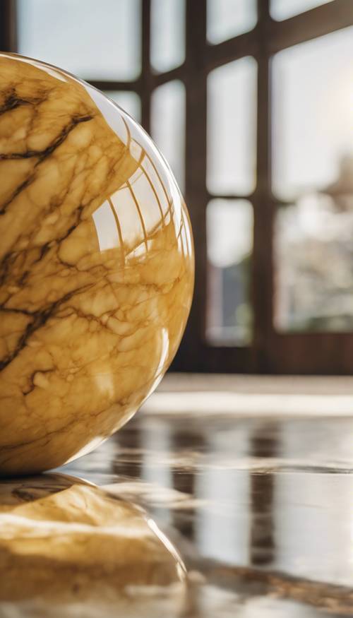 A close-up of a yellow marble reflecting the sunlit room around it. Tapeta [5084558fe37c4c4cb53d]