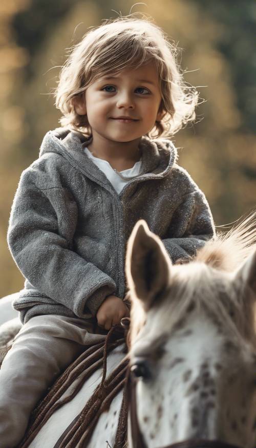 一张怀旧彩色明信片，上面画着一个小孩骑着一匹灰色斑点马，轻轻抚摸着马鬃。