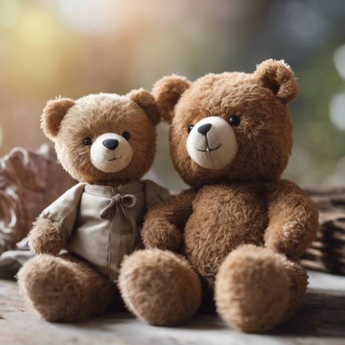 A teddy bear and a real bear cub sitting side by side comparing sizes.