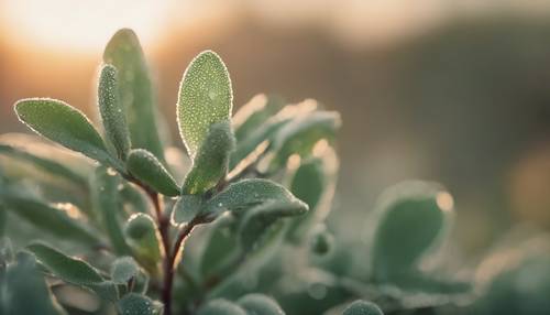 Tampilan jarak dekat dari tanaman hijau bijak dengan tetesan embun jernih di daunnya saat matahari terbit pagi