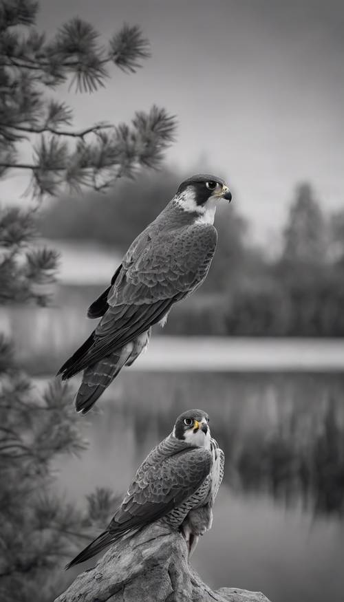 Un majestueux faucon pèlerin dans les tons de gris, perché au bord d&#39;un lac à l&#39;aube.
