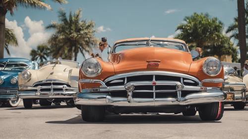 Uma feira de carros clássicos em Boca Raton, com carros antigos perfeitamente restaurados e brilhando sob o sol.