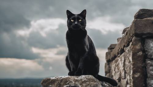 Um velho gato preto com sobrancelhas brancas, sentado majestosamente em uma parede de pedra contra um céu nublado como pano de fundo.
