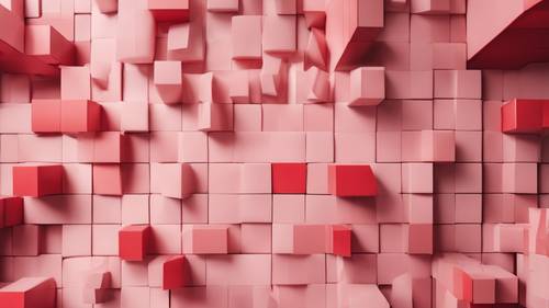 An abstract geometric pattern featuring bold blocks of red and soft blush pink.