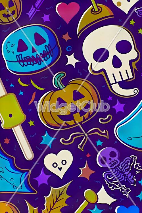 Farbenfrohes Halloween-Thema mit Kürbissen und Totenköpfen