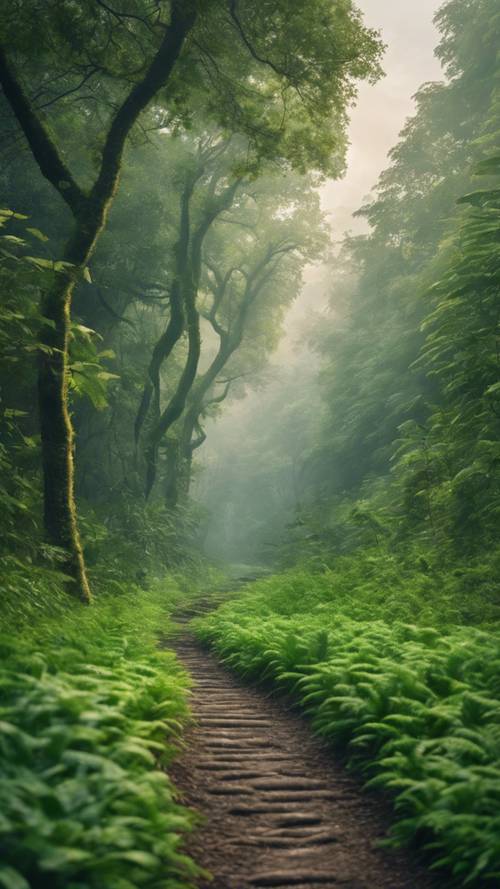 A zigzag pathway cutting through a lush, cool green, forest during a misty dawn.
