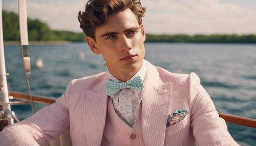 Un giovane uomo con un abito di seersucker color pastello e un papillon si gode una giornata primaverile su uno yacht classico, dimostrando un perfetto stile preppy primaverile.