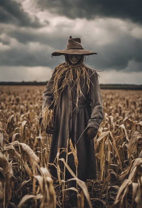 A scarecrow under a gloomy sky in a desolate cornfield