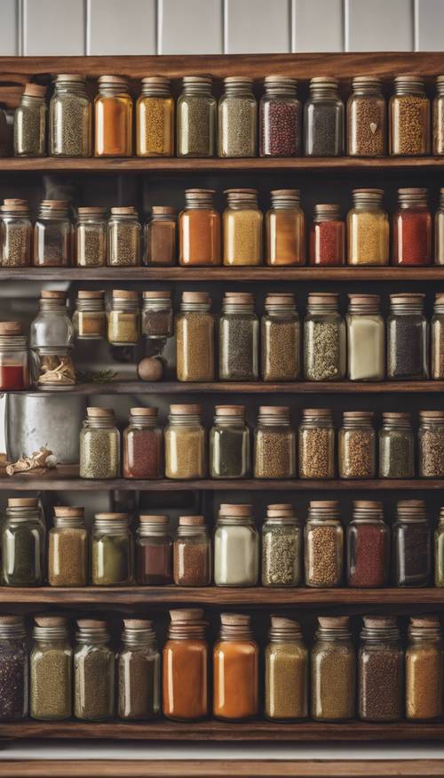 A detailed view of a kitchen spice rack filled with various herbs and spices. Tapeet [a7de1ee8fbb24b87a2c2]