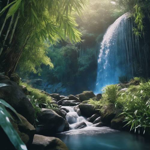 Uma cachoeira cintilante caindo suavemente em uma encosta rochosa cercada por bambu azul.