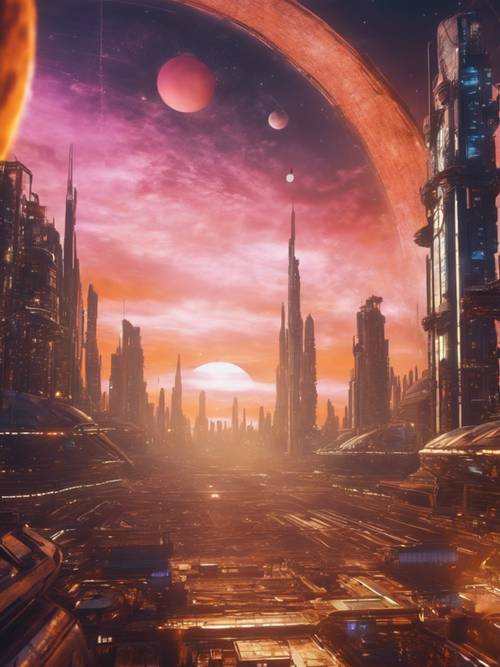 Surrealistyczna panorama kosmicznej kolonii w odległej przyszłości nad obcym zachodem słońca.