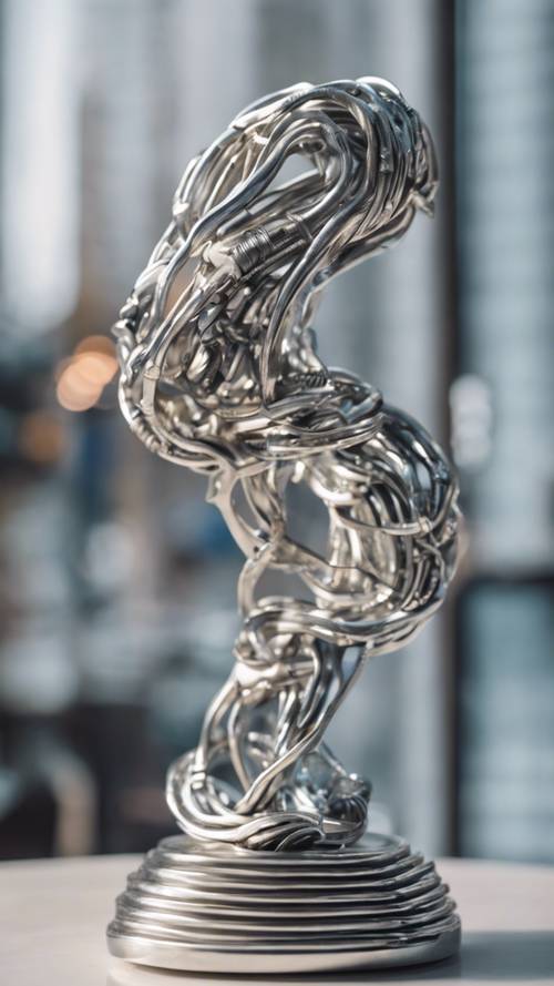 Una scultura astratta realizzata in metallo argentato, che incarna l&#39;estetica Y2K.