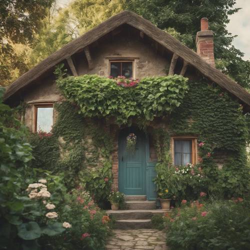 Rustykalny wiejski domek w stylu vintage porośnięty bluszczem i bujnym ogrodem kwiatowym z przodu. Tapeta [e80b891eb0544ac98a37]