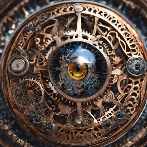 Mata jahat mekanis yang terinspirasi steampunk dengan roda gigi tembaga dan kerawang halus; iris adalah jam kecil yang berdetak.