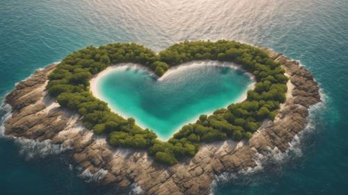 Un&#39;isola a forma di cuore in mezzo al mare vista dall&#39;alto.