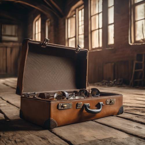 An old brown checkered suitcase on the dusty attic floor filled with vintage collectables