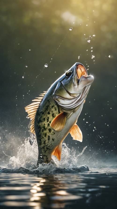 Illustrazione di un black bass che salta fuori dall&#39;acqua per catturare un&#39;esca durante una gara di pesca al black bass.