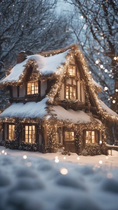 A quiet winter scene featuring a snow-covered thatched-roof cottage enveloped in twinkling fairy lights.