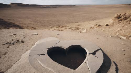 Una larga sombra que se extiende a través de un paisaje árido desde un monumento de un corazón roto.