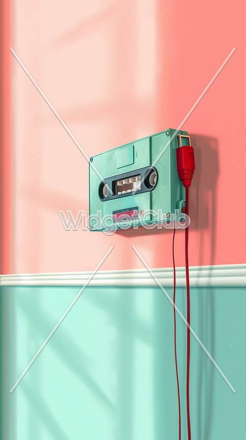 Cassette rétro lumineuse sur mur rose et bleu sarcelle