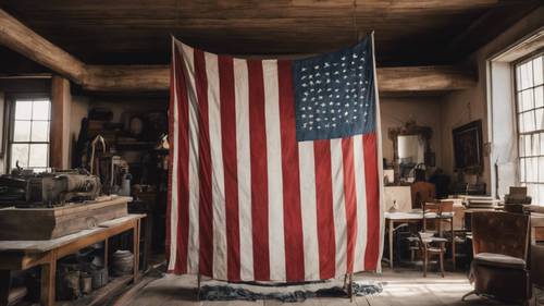 דגל אמריקאי עתיק מאובק המאוחסן בחנות עתיקות.
